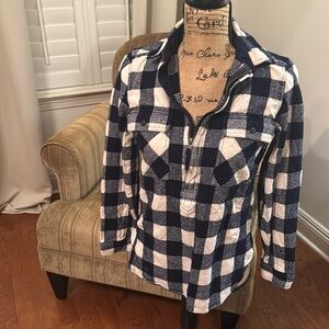 J. Crew 1/4 Zip Cotton & Wool Navy Cream Checkered Buffalo Plaid Shirt XS